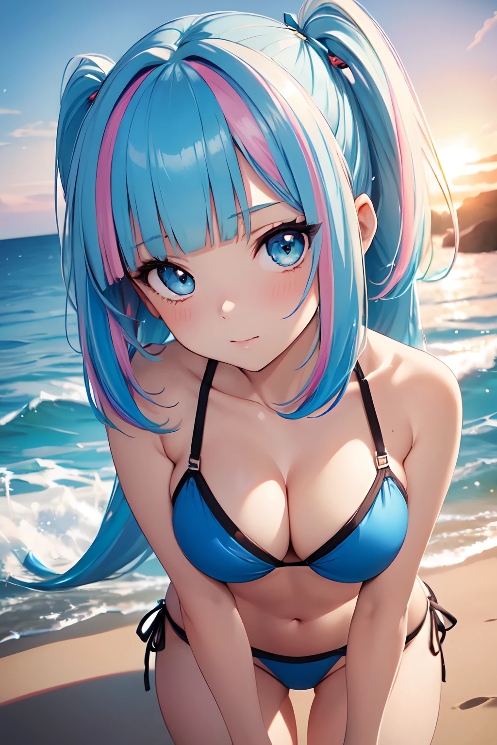 Illustration of a cute bikini model girl, (Anime style:1.2), masutepiece, Best Quality, ultra-detailliert, 4K, absurderes, hight resolution,(((masutepiece, Best Quality)))((masutepiece:1.5)), (Best High Quality, 超A high resolution, The ultra -The high-definition, 4K:1.3),(((Perfect hands, Perfect fingers, Perfect legs))),1womanl, Looking at Viewer ,Full body shot, 20 years old, ((Light blue eyes)),((Round eyes)), Sweat, White skin, (((skinny))), Sweat,((Shiny body, Shiny skin,)), (((masutepiece, Best Quality)))((masutepiece:1.5)), (Best High Quality, 超A high resolution, The ultra -The high-definition, 4K:1.3), (((Blunt bangs:1.3))), (((Pink bob hair))), (((blue colored inner hair:1.3))),(((blue streaked hair:1.3))), ((Blue eyes)), ((White skin)),((((Shiny body, Shiny skin,)))), Dynamic Pose , illustration of a cute girl, anime style, (high color contrast:1.2), masterpiece, best quality, ultra detailed, absurdres, highres, BREAK,
1girl,sexy bikini model. solo, (early teen, loli face:1.6), (chibi:1.2), detailed huge green eyes, shiny eyes, light smile, light blond long twin tail, medium breasts, curvy, BREAK,
extra glossy camouflage (micro bikini), cleavage, ender boob, side bob, BREAK,
outdoor, sunset beach, horizon, beautiful sunset sky, back light, stop motion, BREAK,
(from below), (close-up of breasts:1.4), light blond twin tail, BREAK,