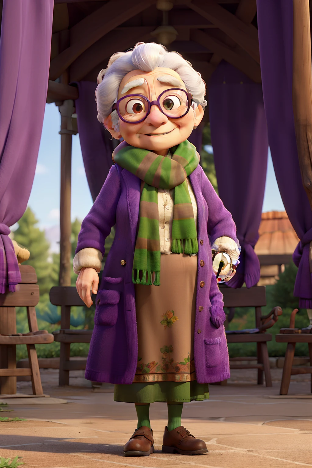 masterpiece, best quality, an old woman with glasses and a scarf on, wearing a purple coat and green scarf, standing at the park