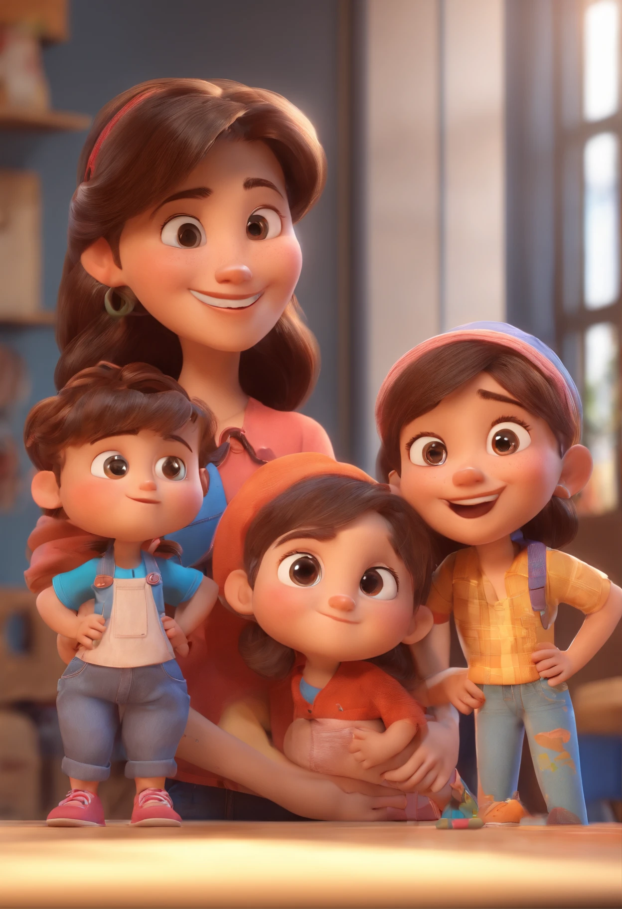 Estilo Pixar: Familia, Um pai, A mother and two girls. Uma menino de 6 anos e outro de 2 anos . Uma fazenda com vacas lindas e marrom .