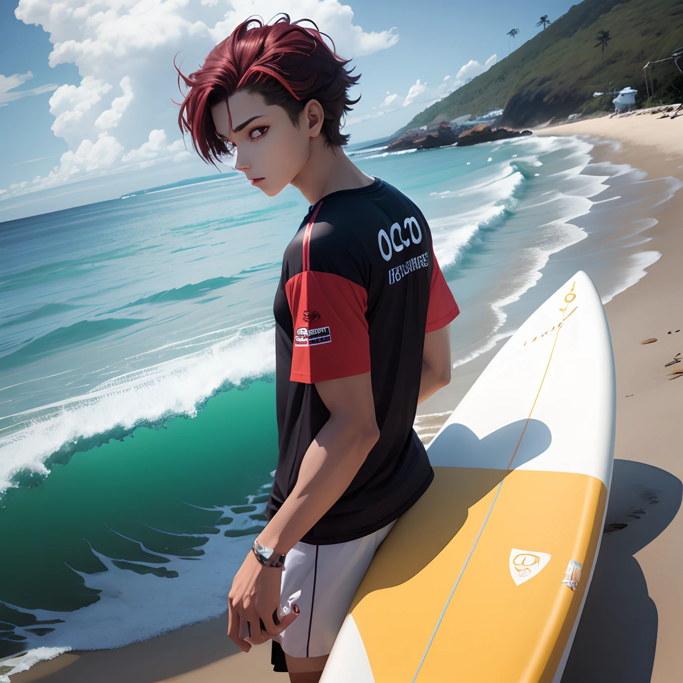 Criar um post estilo anime com um personagem com muscolos definidos, de bermuda e camiseta de surf. Calvo, moreno, nariz fino, olhos redondos. O personagem tem que estar numa praia apontando para um letreiro na areia escrito ICAPARA.