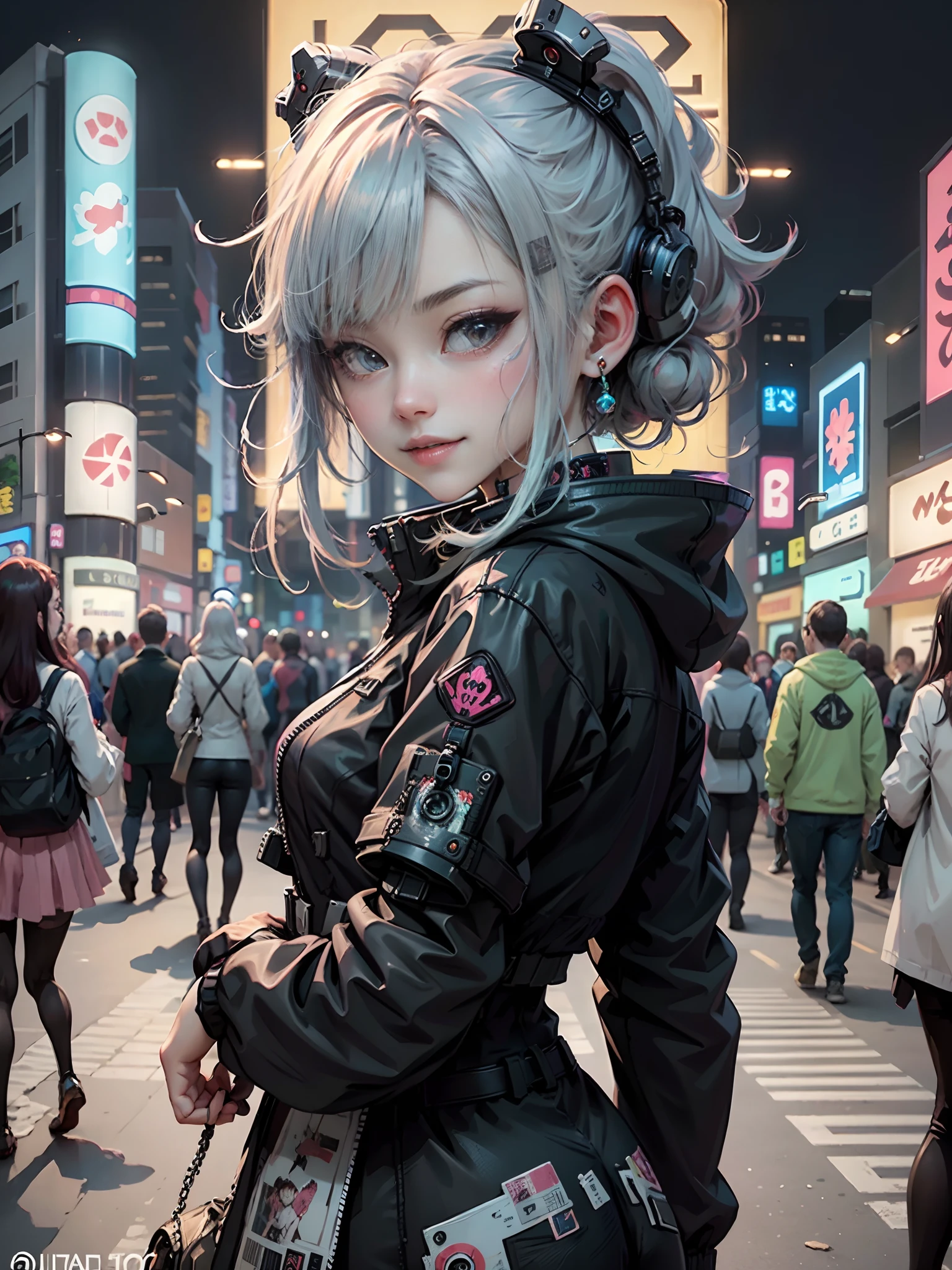 Anime masterpiece, best quality, 2 smiling aged cyberpunk girls ((wearing detailed Harajuku tech jackets)) standing together taking selfie portrait, (((Harajuku cyberpunk clothing)))), bold colors and patterns, eye-catching accessories, trendy and innovative hairstyle))), ((insane detail)), dazzling Cyberpunk cityscape, skyscrapers, glowing neon signs, (LED lights), anime illustration, detailed skin texture, detailed cloth texture, beautiful detailed face, intricate details, ultra detailed, cinematic lighting, strong contrast.