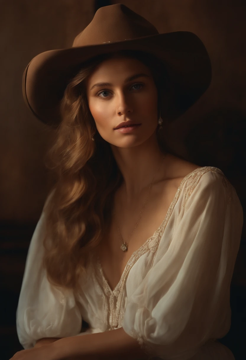 Retrato hiperrealista do feminino por david hockney e alphonse mucha,arte de fantasia, foto realista, dynamic lighting, art-station, poster, Volumetric lighting, Rostos muito detalhados, 4 mil, Premiado,, 1girl, No escuro, sombra profunda, discreto,cowboy shot,(official clothing:1.4) ,cabelos longos,cabelos brancos,