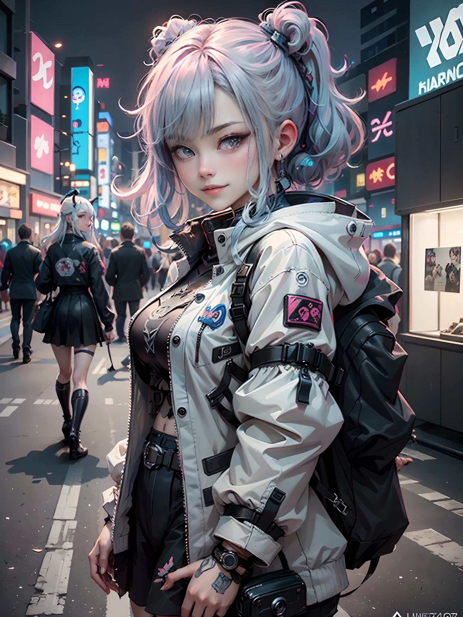 Anime masterpiece, best quality, 2 smiling aged cyberpunk girls ((wearing detailed Harajuku tech jackets)) standing together taking selfie portrait, (((Harajuku cyberpunk clothing)))), bold colors and patterns, eye-catching accessories, trendy and innovative hairstyle))), ((insane detail)), dazzling Cyberpunk cityscape, skyscrapers, glowing neon signs, (LED lights), anime illustration, detailed skin texture, detailed cloth texture, beautiful detailed face, intricate details, ultra detailed, cinematic lighting, strong contrast.