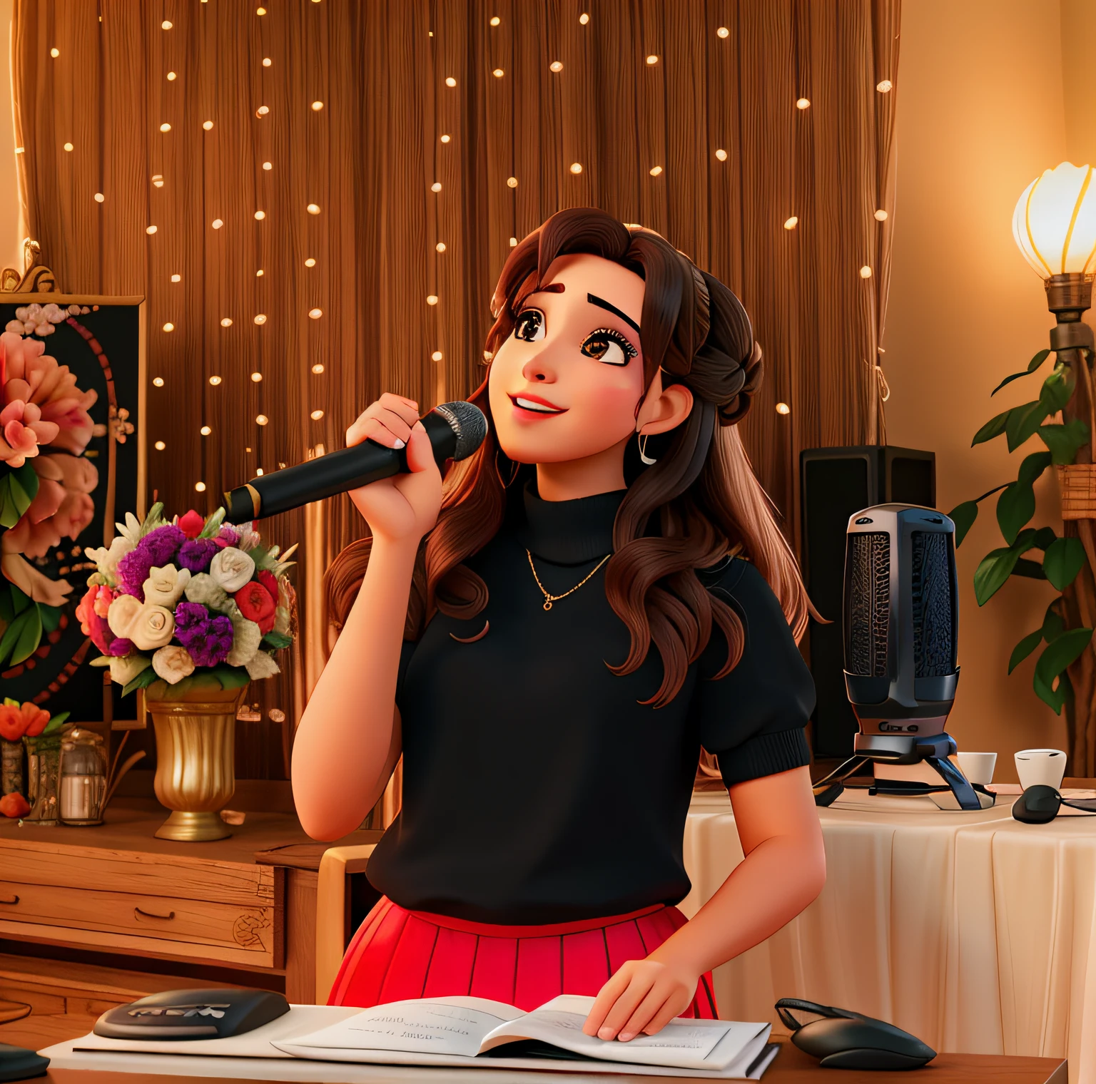 A beautiful woman master of ceremonies holding a microphone, contra o pano de fundo de uma festa de casamento.