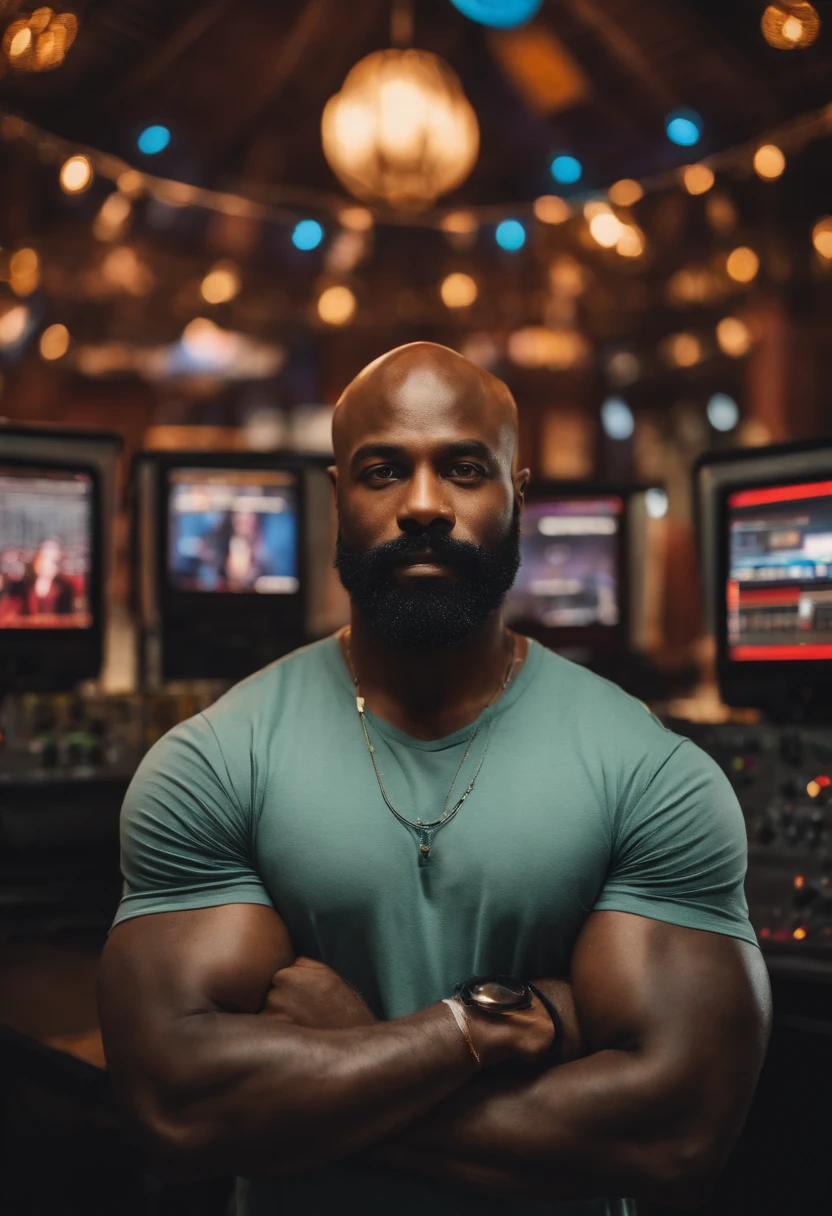 A 32-year-old black man with a beard and mustache but with a bald head with his arms crossed and with a background image with several computers