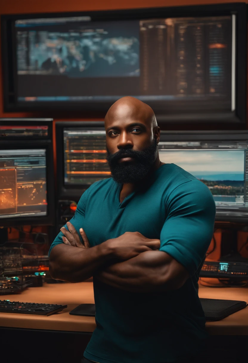 A 32-year-old black man with a beard and mustache but with a bald head with his arms crossed and with a background image with several computers
