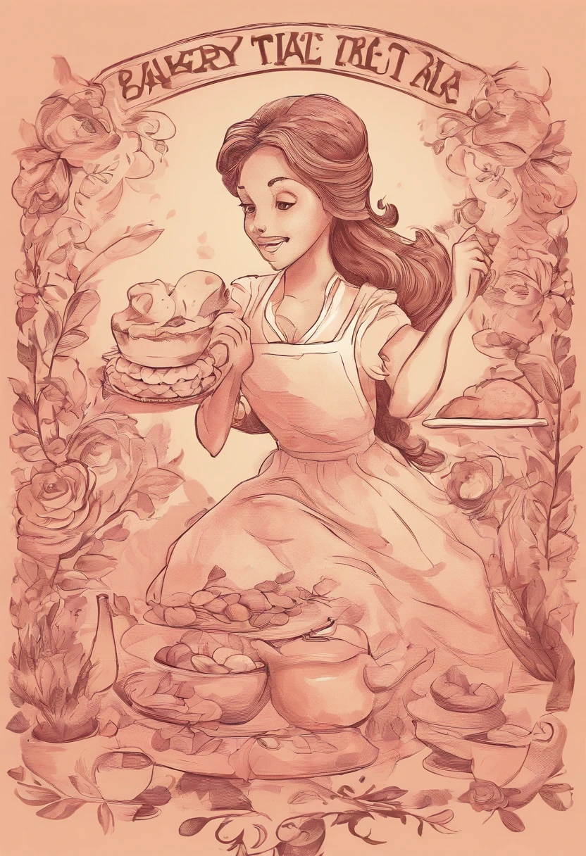 Create a Disney Pixar Poster. Uma mulher chef de cozinha. Esta mulher tem cabelos cor castanho escuro, cabelos na altura do ombro, Is smiling happily, olhos castanhos, olhos pequenos. Ela usa brincos pequenos. Ela tem pele branca. She's making bread in a bakery. Na confeitaria tem flores na cor rosa. She's saying that "It is gluten-free and dairy-free".