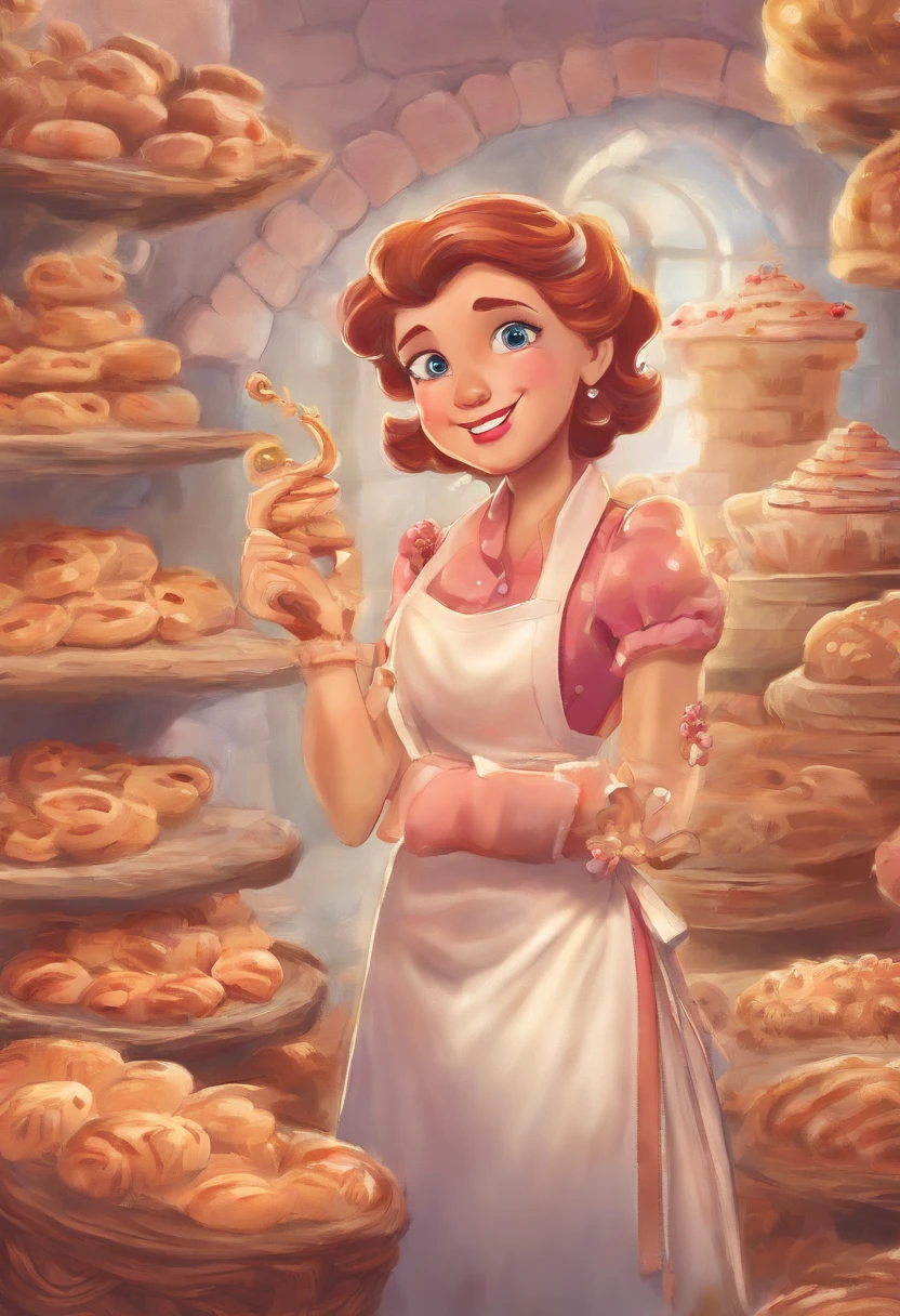 Create a Disney Pixar Poster. Uma mulher chef de cozinha. Esta mulher tem cabelos cor castanho escuro, cabelos na altura do ombro, Is smiling happily, olhos castanhos, olhos pequenos. Ela usa brincos pequenos. She's making bread in a bakery. In the confectionery there are some pink flowers.