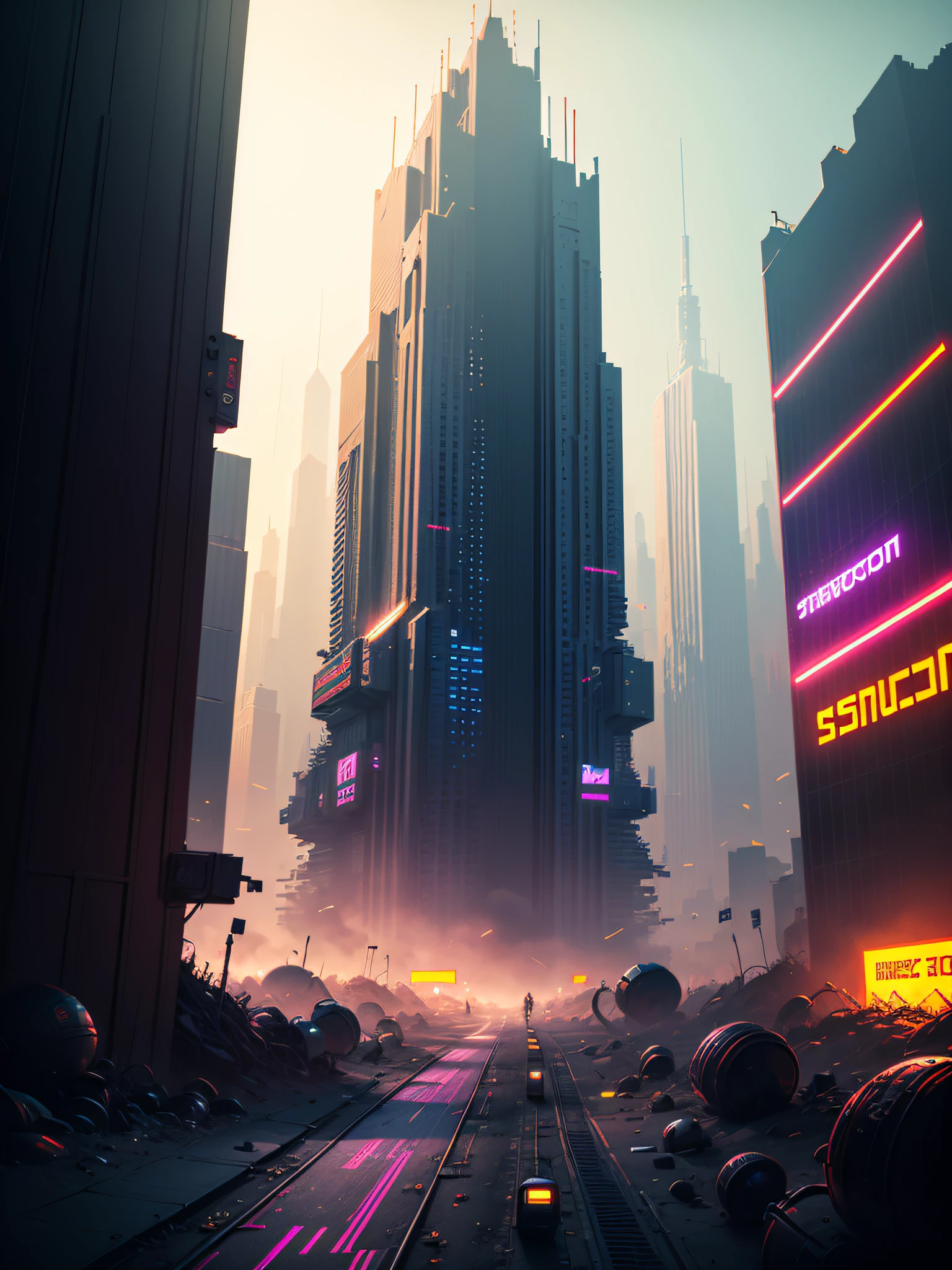 Pixel art style, Cyberpunk, pollution particles in the environment, panoramic shot, intricate, hyper-detailed, concept art, masterpiece, neon lighting, colorful, by Aase Berg