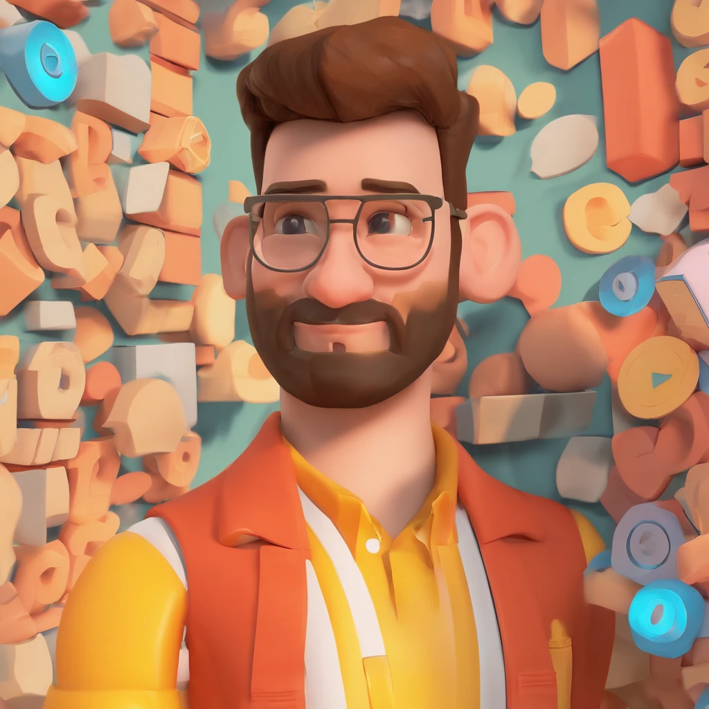 Criar um personagem no estilo Pixar. Trata-se de um homem de 30 anos, com barba, Branco, com cabelos castanhos curtos e um quiff, e olhos castanhos. Ele deve estar na frente de um computador, Trabalhar como designer