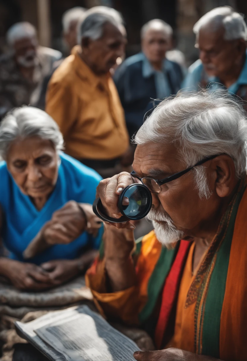 Black, white, Asian, Indian, Russian retirees from different trades looking through a magnifying glass.