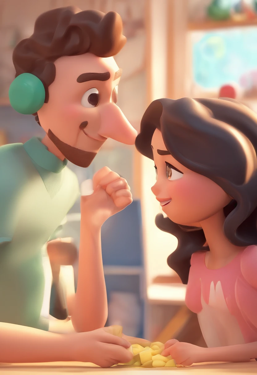 An illustration of an adorable couple, destacando um homem e uma mulher com bonito, Expressive eyes – the man's skin is black and the man's hair is bald and black, while the woman's skin is black and the woman's hair is curly and brown. They are a bright room, cada um com um sorriso no rosto, e compartilhar um momento especial caracterizado pelo amor, arroz, e insights educacionais. Illustrate this scene from a perspective where they are facing away from the camera, Showing Your Connection. Desenvolva esta arte em Full HD, Focus on your cinematic touch, Estilo Disney Pixar Animations