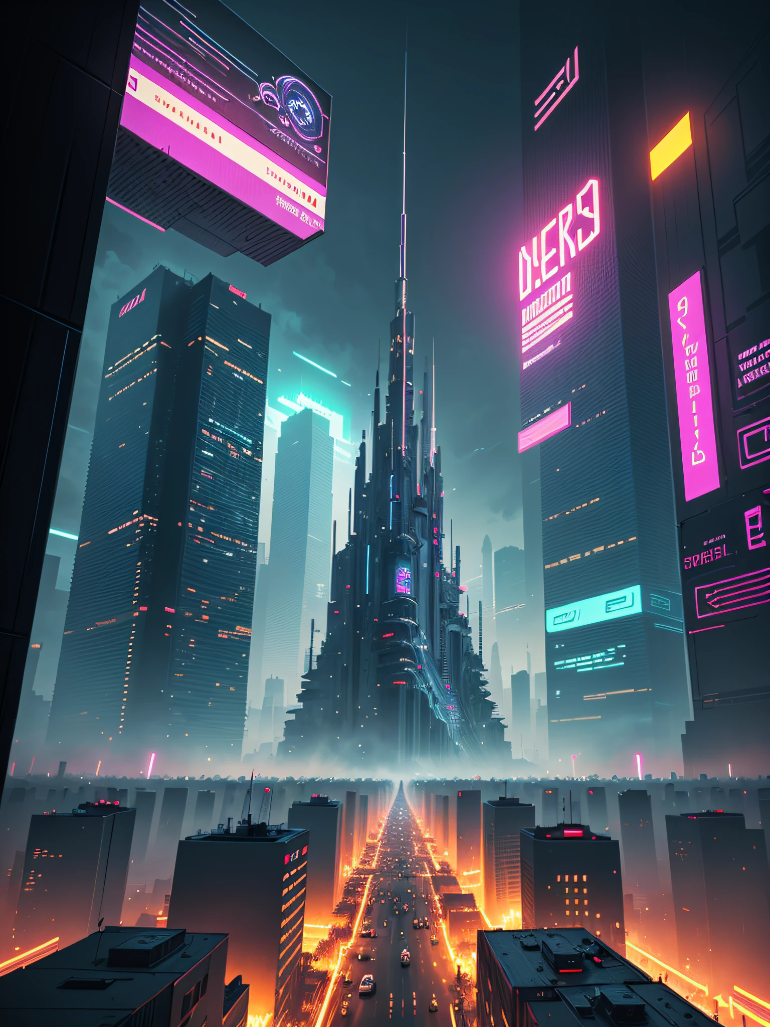 Pixel art style, Cyberpunk, rpg game, pollution particles in the environment, panoramic shot, intricate, hyper-detailed, masterpiece, neon lighting, colorful, made by Aase Berg, dystopian and melancholic atmosphere.