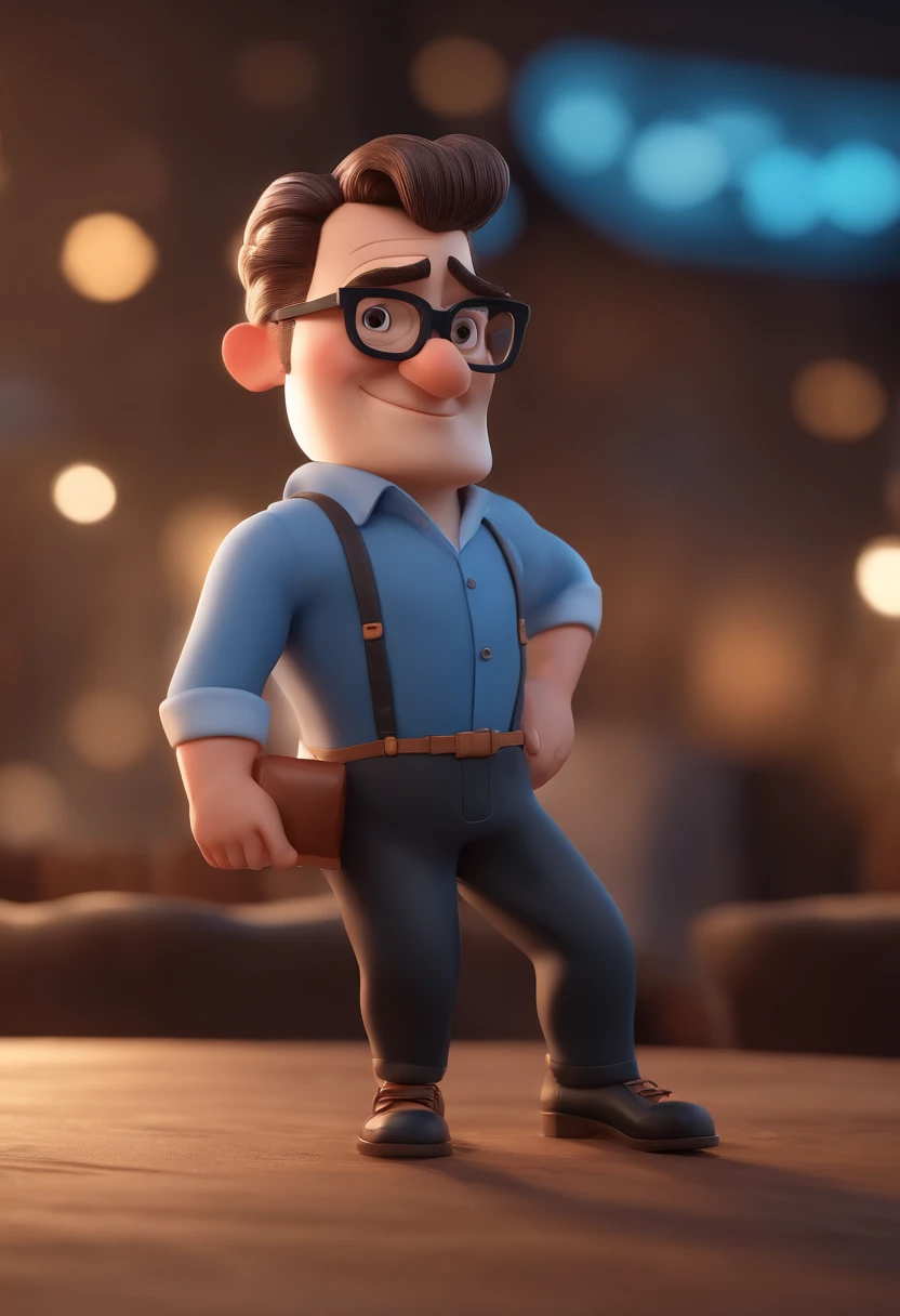 Cartoon character of a man with black glasses and a blue shirt, animation character, Caractere estilizado, animation style rendering, 3D estilizado, Arnold Maya render, 3 d render stylized, toon render keyshot, Personagem 3D, Personagem 3D, 3d rendering stylized, 3 d character render, personagem de desenho animado, Personagem de close up, Pose de personagem, (Estilo Pixar) (master part:1.2) (Bokeh) (best quality) (pele detalhada) (textura detalhada) (8k) (argila) (Cinematic lighting) (foco nítido