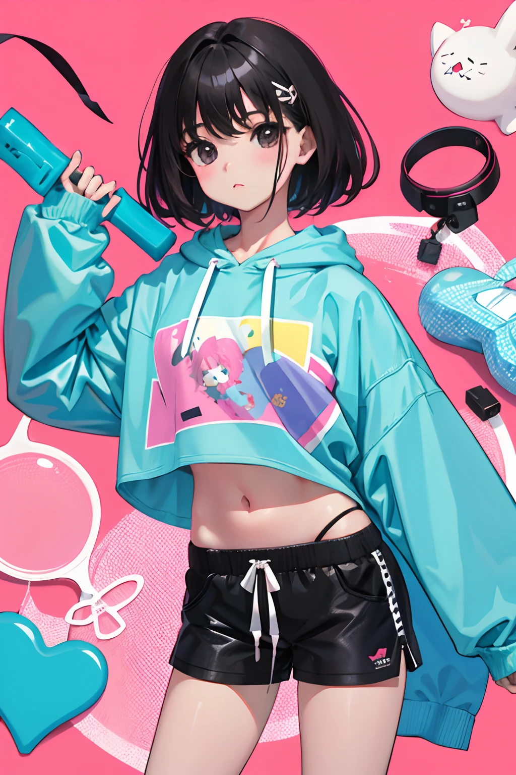 ()，（​masterpiece，Highest Quality），Crop Top Look，Pastel Hoodie，(Gingham Check Shorts)，A dark-haired，World of toys