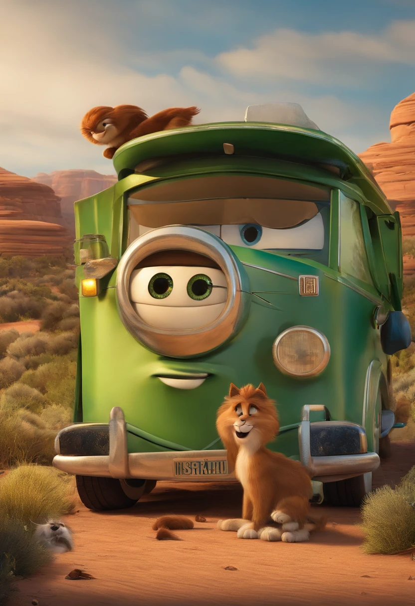 filme Marketing 2023 estilo filmes Pixar, Com nome "John the Discovery - Marketing", poster, Com um garoto de camisa verde short amarelo cabelo loiro olhos castanhos sorridente sigurando um gato cinza de olhos azuis