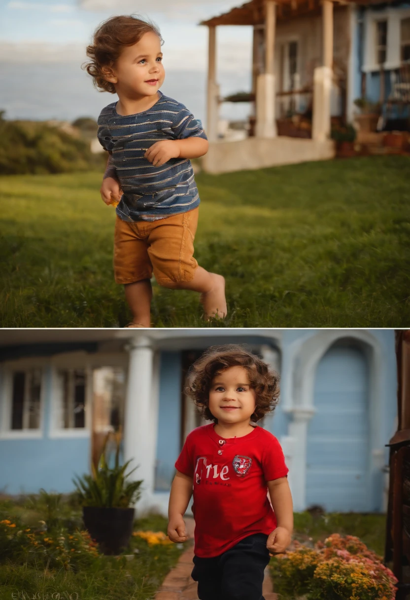 menino: Miguel, aproximadamente 5 anos de idade, cabelo curto estilo Disney, olhos castanhos e sorrisos. garota: Giovana, 2 anos, longos cabelos pretos e olhos azuis. scenecy: Miguel and Giovana are in a cozy little house in the valley, ao fundo um dia ensolarado, Destacando o Sol.