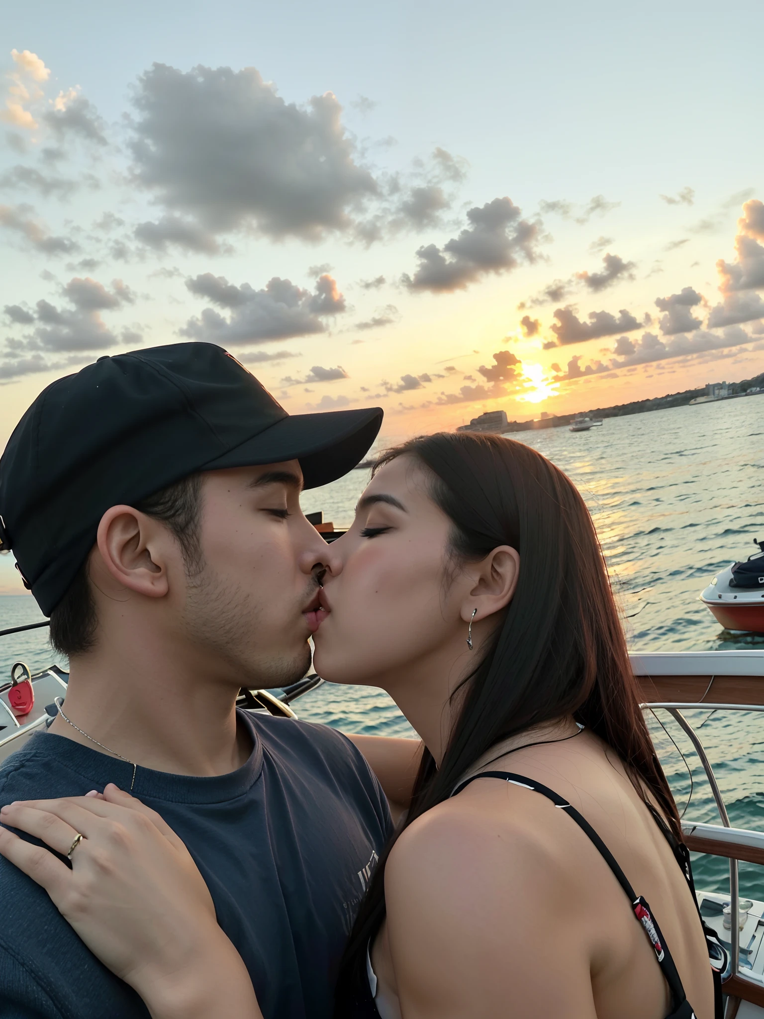 There's a man and a woman kissing on a boat at sunset, beijando juntos fofos, em um barco, casal se beijando, Tyler Edlin e Natasha Tan, beijos juntos, during sunset, Postagem no Reddit, Jordan Grimmer e Natasha Tan, beijando-se, Fotografia tirada em 2 0 2 0, beijo lindo, Beijar, they are in love, with sunset, instagram post