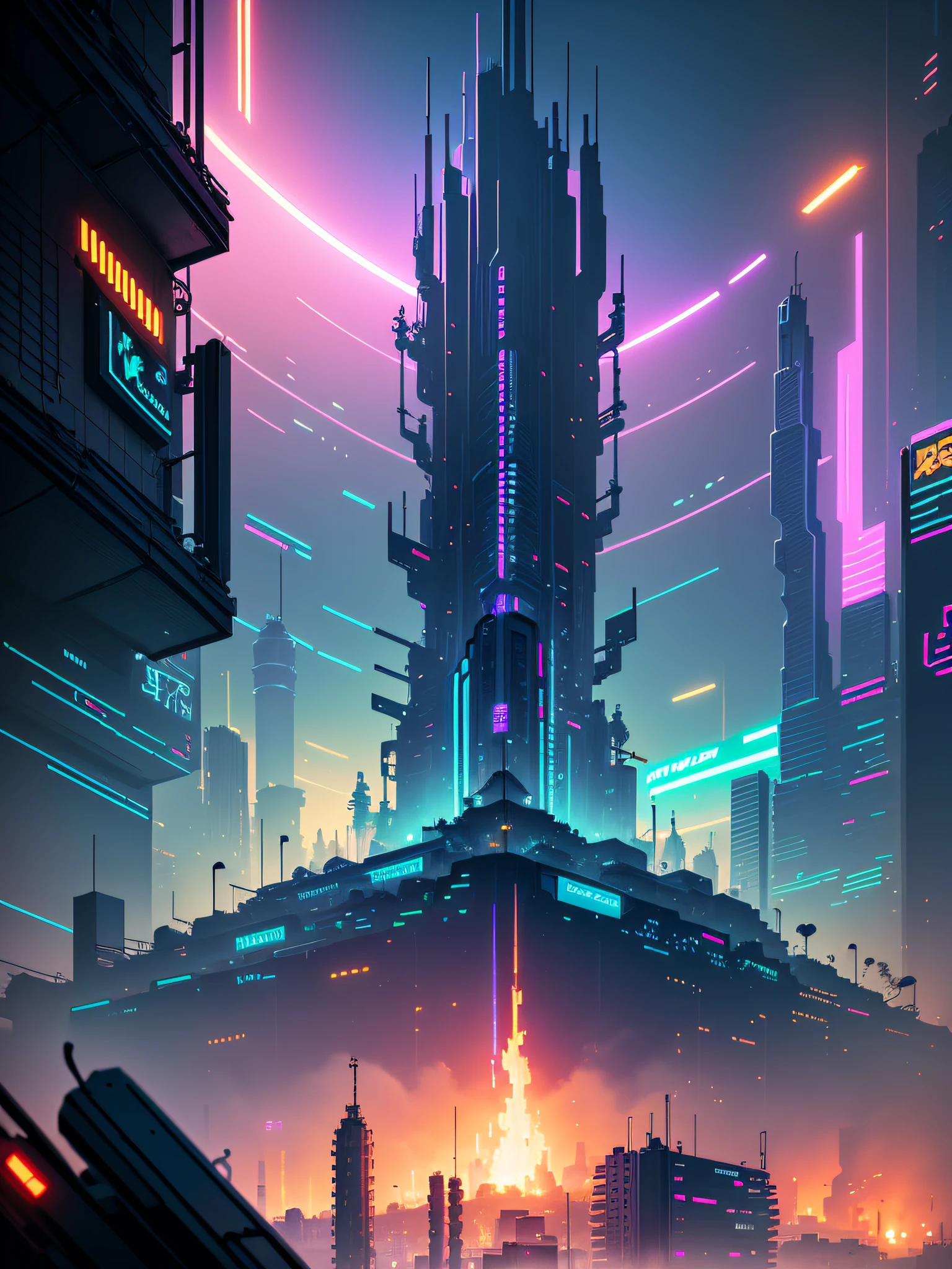 Pixel art style, Cyberpunk, rpg game, pollution particles in the environment, panoramic shot, very intricate, hyper-detailed, masterpiece, 4k, neon and dynamic lighting, colorful, made by Aase Berg, dystopian and melancholic atmosphere.