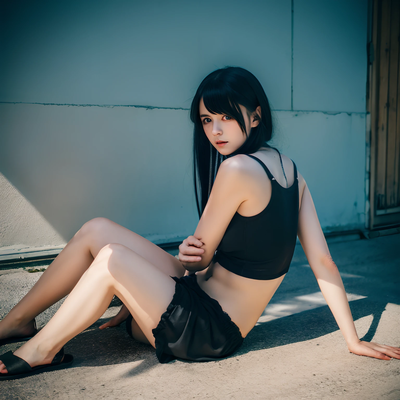 full body shot,Best quality, masterpiece, ultra high res, (photorealistic:1.5), raw photo, 1girl, in the dark, deep shadow, low key, cold light, sexy look, short hair, swimsuit,From the side