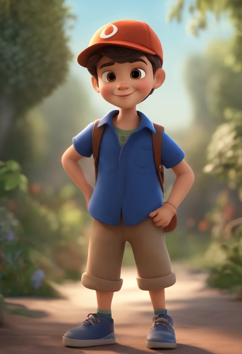 A happy cute boy standing short hair with dark blue cap , vestindo uma camisa azul , , fundo branco, barnet, Tom, Estilo Pixar, ......3d, desenhos animados, rosto detalhado, asymmetrical 16k