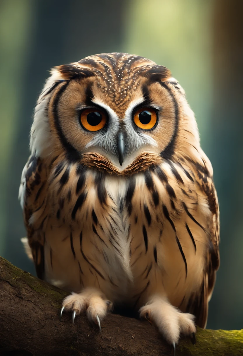 Create a hybrid child with half an owl child with owl traits and feathers for a DND RPG with owl wings and owl eyes