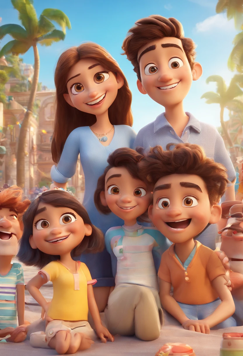 Cartoon of friends having fun on vacation together, 3D Animation Movie Poster, Poster de filme animado, pixar 3 d animation style, pixar renderman rendering, maia 8 mil, animated film, Disney Pixar Estilo 3D, amigos felizes saem juntos, all wearing light blue shirts and cream brown long pants, camisa azul clara, cream brown pants, ao ar livre, vacation, Disney Pixar Animation Poster