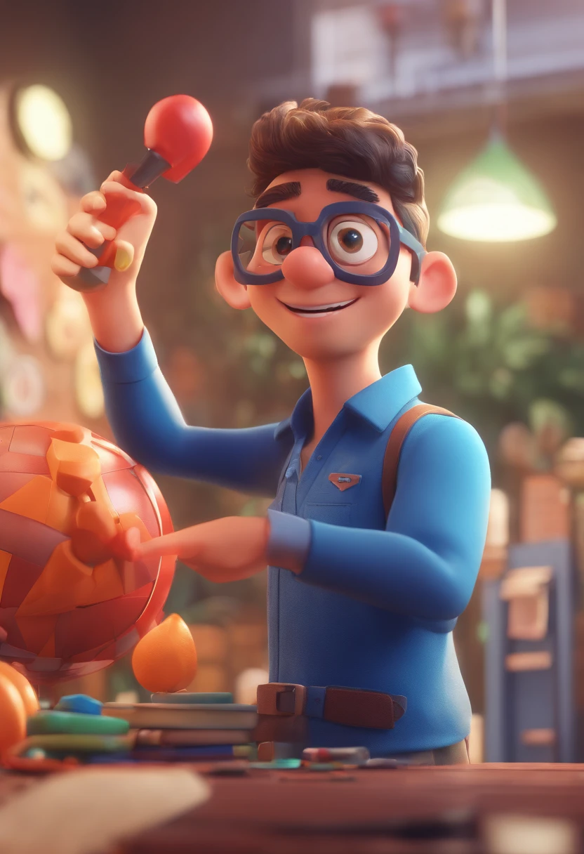 Cartoon character of a man wearing black glasses and a blue shirt, um personagem animado, Caractere estilizado, animation style rendering, 3D estilizado, Arnold Maya render, 3 d render stylized, toon render keyshot, Personagem 3D, Personagem 3D, 3d rendering stylized, 3 d character render, personagem de desenho animado, Personagem de close up, Pose de personagem, (Estilo Pixar) (master part:1.2) (Bokeh) (best quality) (pele detalhada) (textura detalhada) (8k) (argila) (Cinematic lighting) (foco nítido,Senta e vaza a parte superior do corpo