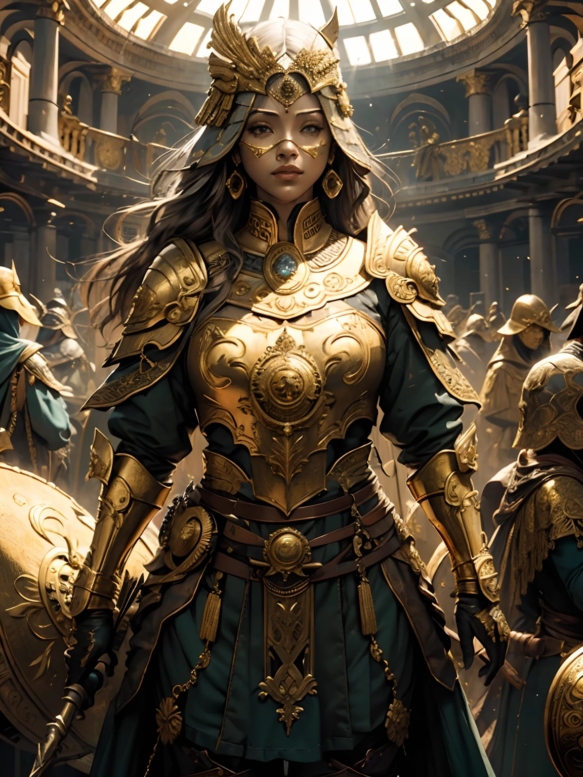 extremely beautiful young lady, subtle makeup, golden hour, photorealistic, high contrast, 8k HD, detailed, hyper-detailed, realistic skin texture, long dark hair, big breast, best quality, ultra high res, raw photo, dramatic lighting, unreal engine, diffuse glow intricate silver eaba, white imperial cape, spear, sword, no helm