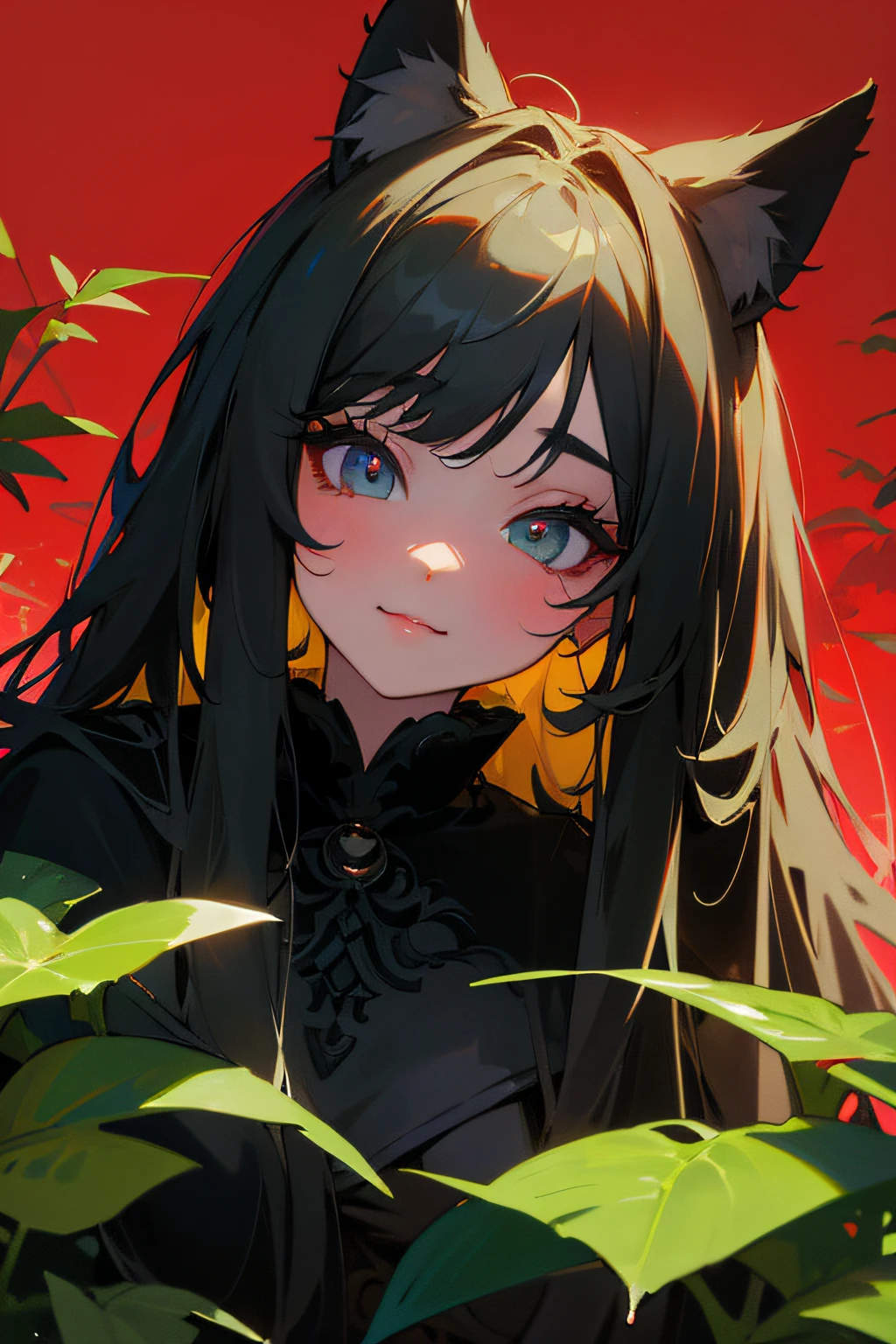 (hight resolution,Masterpiece:1.2),Vivid colors,beautiful detail eyes,beautiful detailed lips,long eyelashes,black coat,fluffy fur,cute expression,Feline Grace,Let's move on to the camera,on a red background,Greenery and plants on stage, ciberpunk