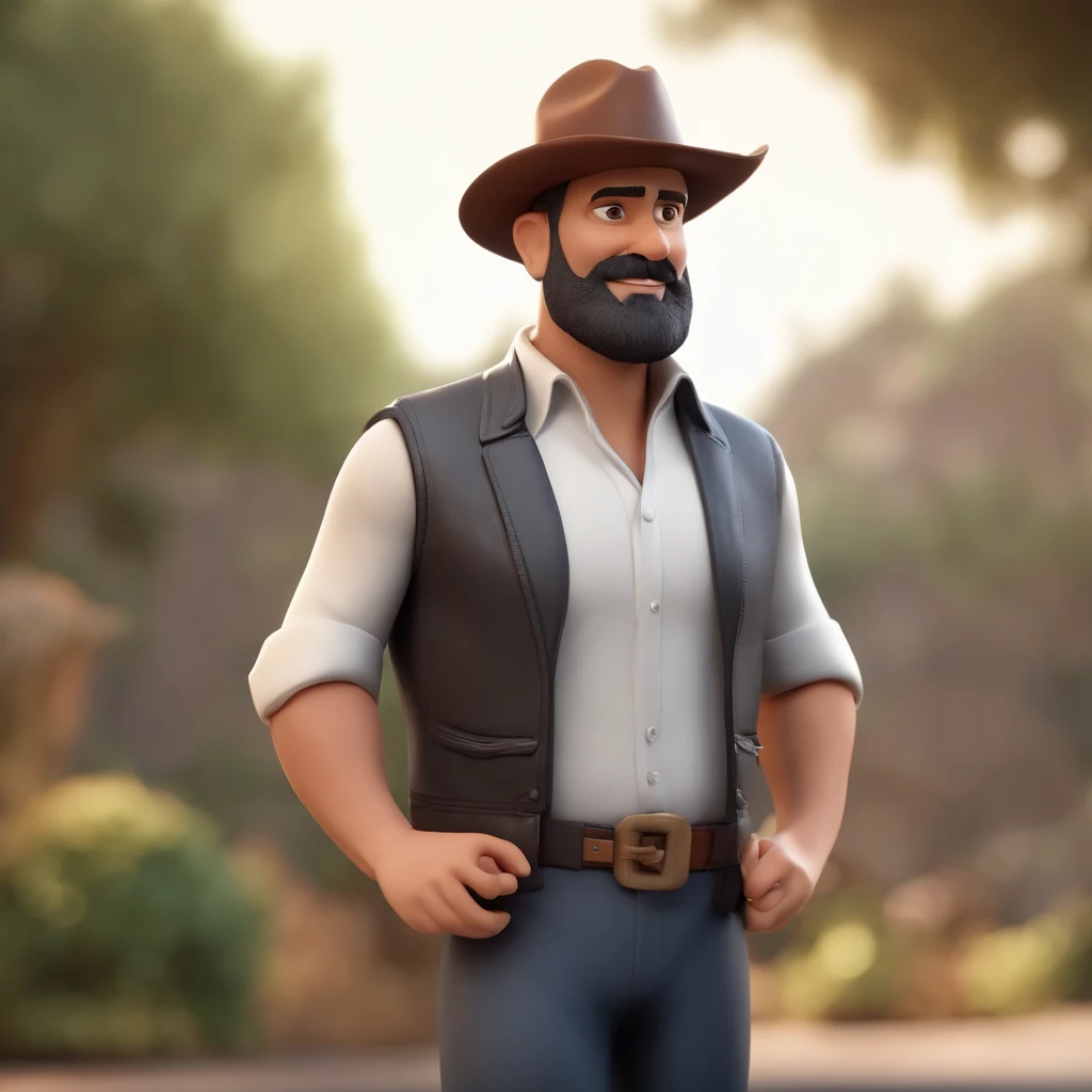 Personagem de desenho animado de um homem grisalho com barba volumosa com 43 anos e uma camisa preta,You're looking directly in the direction of the camera, animation character, Caractere estilizado, animation style rendering, 3D estilizado, Arnold Maya render, 3 d render stylized, toon render keyshot, Personagem 3D, Personagem 3D, 3d rendering stylized, 3 d character render, personagem de desenho animado, Personagem de close up, Pose de personagem, (Estilo Pixar) (master part:1.2) (Bokeh) (best quality) (pele detalhada) (textura detalhada) (8k) (argila) (Cinematic lighting) (foco nítido