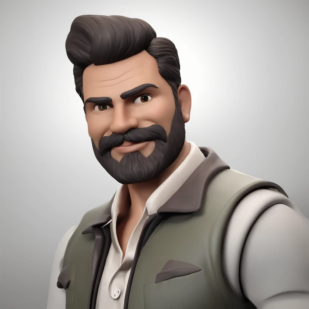 Personagem de desenho animado de um homem grisalho com barba volumosa com 43 anos e uma camisa preta,You're looking directly in the direction of the camera, animation character, Caractere estilizado, animation style rendering, 3D estilizado, Arnold Maya render, 3 d render stylized, toon render keyshot, Personagem 3D, Personagem 3D, 3d rendering stylized, 3 d character render, personagem de desenho animado, Personagem de close up, Pose de personagem,  (Estilo Pixar) (master part:1.2) (Bokeh) (best quality) (pele detalhada) (textura detalhada) (8k) (argila) (Cinematic lighting) (foco nítido