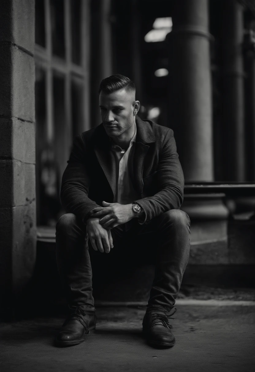 man sitting in gritty black and white urban setting
