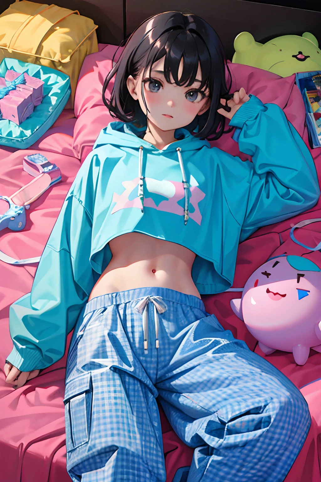 child,(masterpiece,Highest Quality),turquoise short sleeve hoodie,Crop Top Look,Plaid mini skirt,A dark-haired,carpet,World of toys