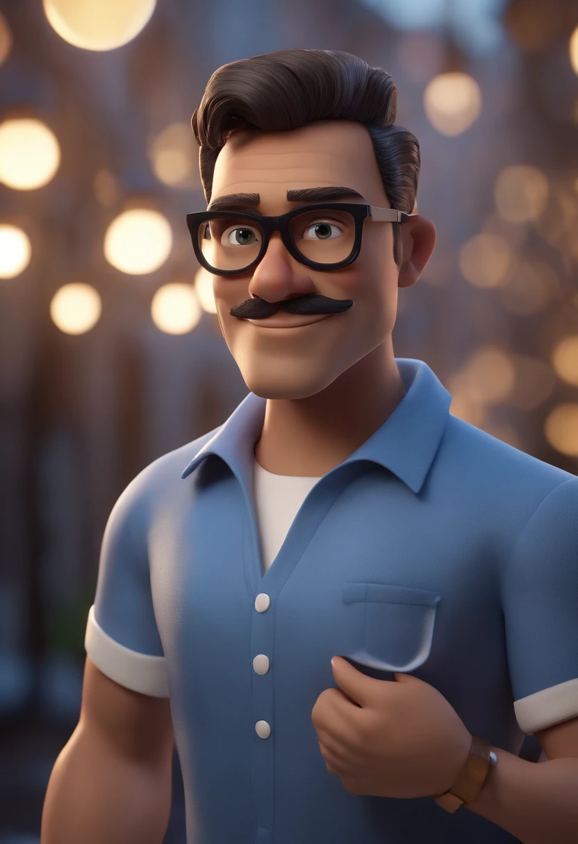 Cartoon character of a man wearing black glasses and a blue shirt, um personagem animado, Caractere estilizado, animation style rendering, 3D estilizado, Arnold Maya render, 3 d render stylized, toon render keyshot, Personagem 3D, Personagem 3D, 3d rendering stylized, 3 d character render, personagem de desenho animado, Personagem de close up, Pose de personagem, (Estilo Pixar) (master part:1.2) (Bokeh) (best quality) (pele detalhada) (textura detalhada) (8k) (argila) (Cinematic lighting) (foco nítido,Senta e vaza a parte superior do corpo