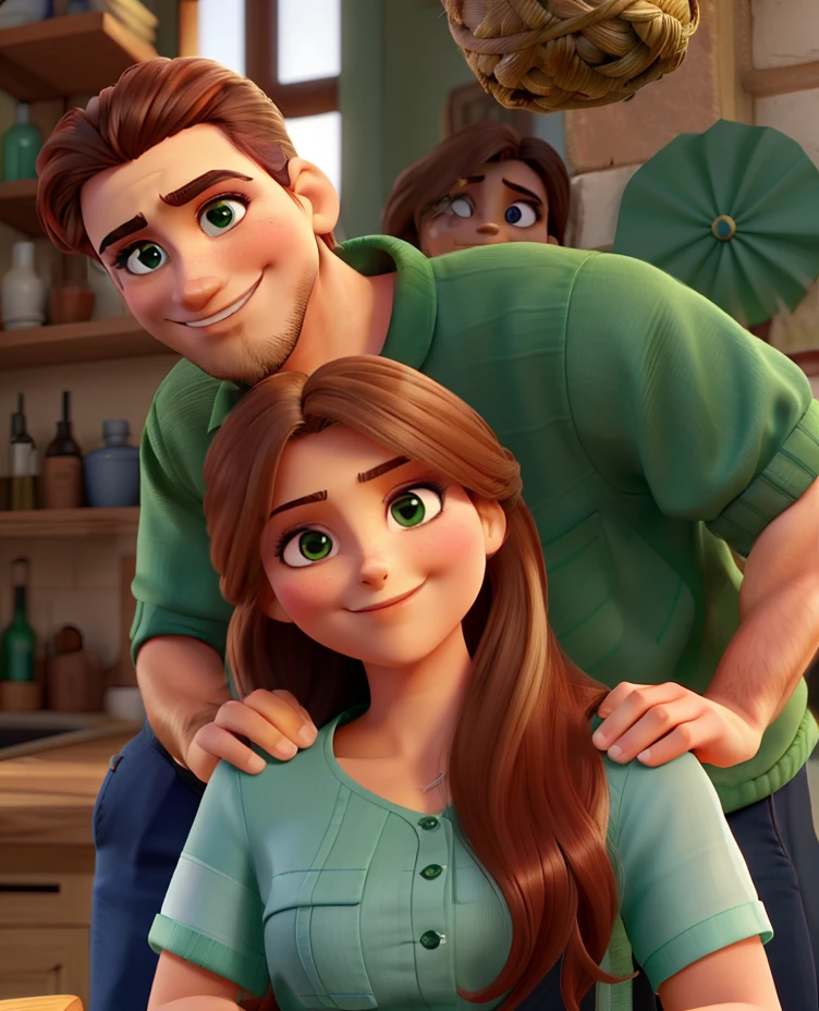 There is a woman, de cabelos longos, castanhos, olhos verdes, Smiling looking at the camera and a man behind her, de barba e oculos, Lightly crouched looking at the camera and with his hands placed on the woman's shoulder.
