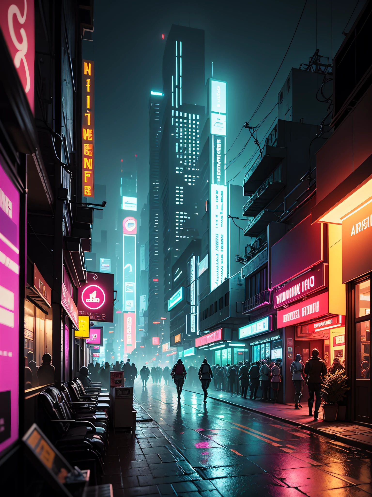 Pixel art style, Cyberpunk, blade runner world, rpg game, in a night club, panning shot, very intricate, hyper detailed, masterpiece, 4k, neon and dynamic lighting, colorful, by Aase Berg, dystopian and melancholic atmosphere.