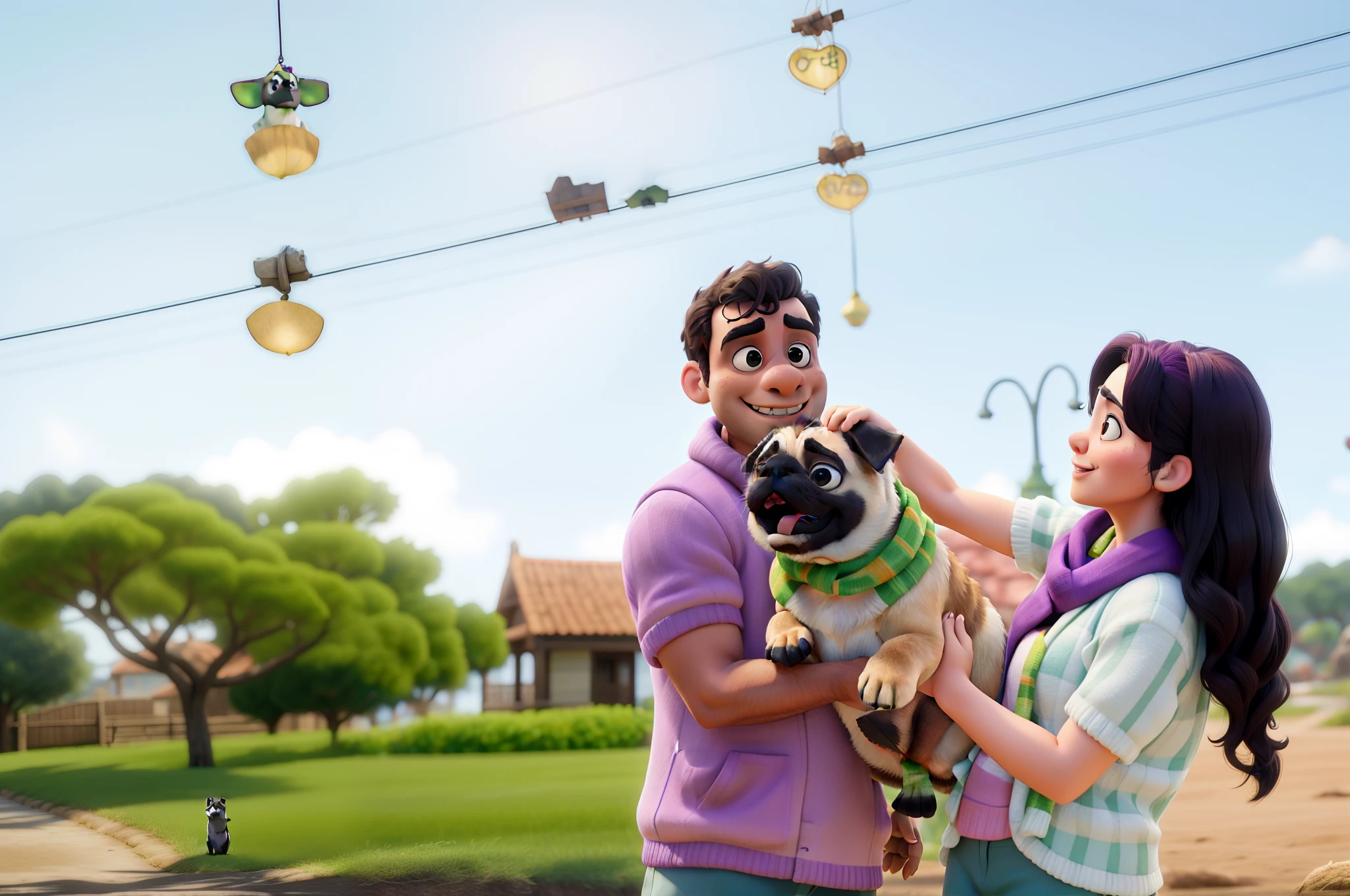 Obra-prima, de melhor qualidade, uma casal com cachorro pug de, wearing a purple coat and green scarf, local Disney