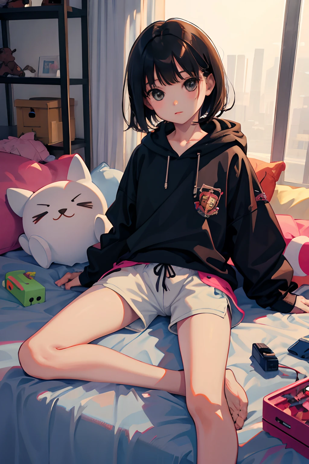 (child),(masterpiece,Highest Quality),jaket,(Brown roll-up shorts),A dark-haired,World of toys