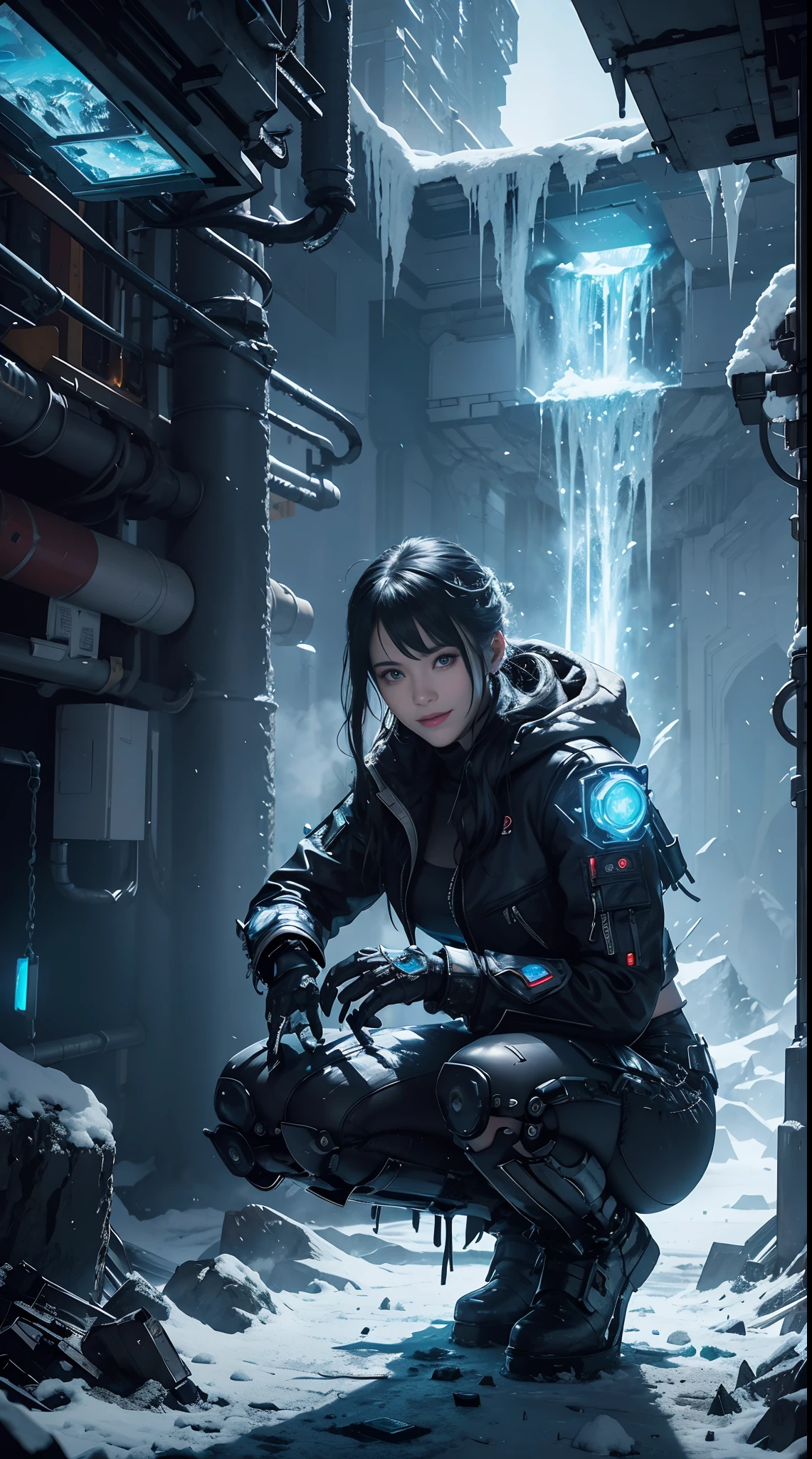 Cyberpunk, mechanical, broken, there is a picture of a very large iceberg, cyberpunk, mechanical, broken, with a lot of snow, dungeon background, icicle background, arena background, game background, dark dark cave background,a female warrior squatting down,((smile:1))