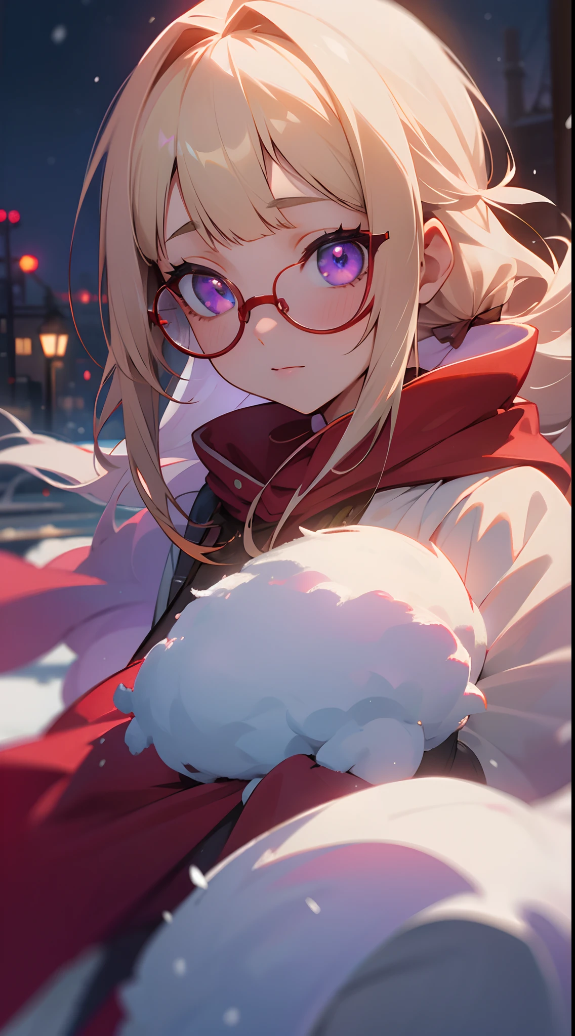 1girl in,a blond、Blunt bangs、Straight hair, Hair pulled back、Purple eyes、((Red Frame Glasses)):1.5,Big hilarity、Laugh、Wearing a red hoodie,city,winter snow,Night,absurderes,hight resolution, ultrasharp, 8K, masutepiece, Looking at Viewer, Fantasy, Magical, Snow-covered rooftop, Frozen breath rises, Glowing streetlights, Ethereal Atmosphere, Dreams, quiet street, Distant city skyline, Fluffy and snowy, Intricate details of the girl's face and outfit, Delicate snowflakes on her eyelashes, mysterious expression, seductive beauty, a captivating gaze, Snowy trees々, Blurry lights in the background, Bright red contrasting with snow-white snow, captivating scene, Evoke a sense of wonder and magic.