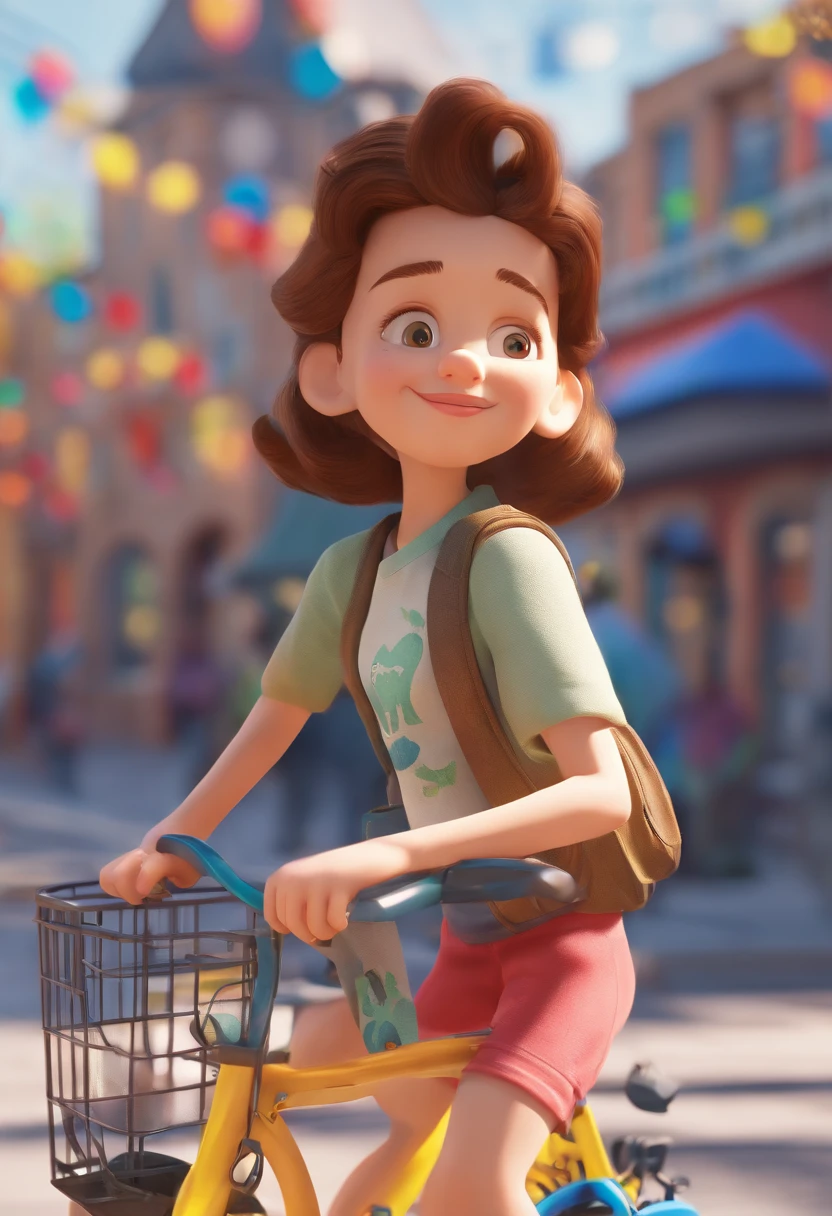 Cena estilo Disney pixar de Jovem de 30 anos, branco cabelos castanhos curto,  andando de bicicleta no estacionamento do shopping,