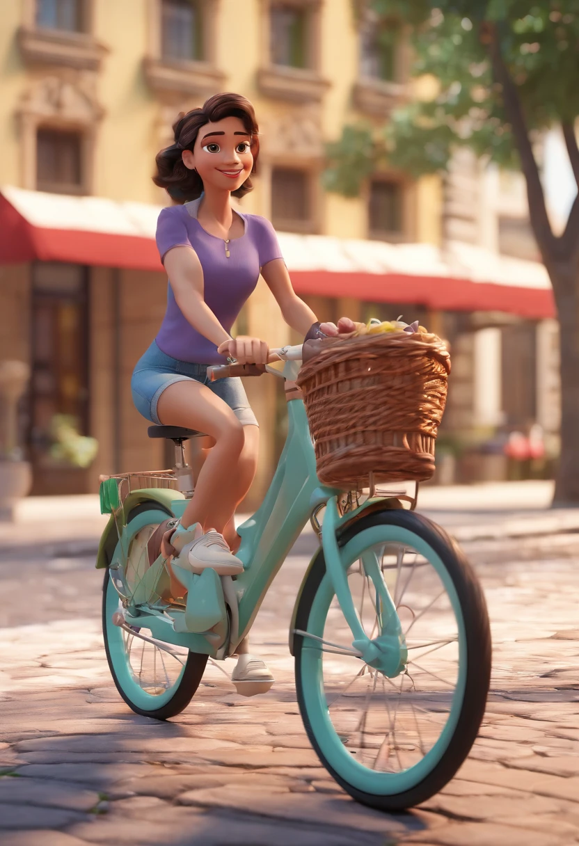 Cena estilo Disney pixar de Jovem de 30 anos, branco cabelos castanhos curto, andando de bicicleta no estacionamento do shopping,