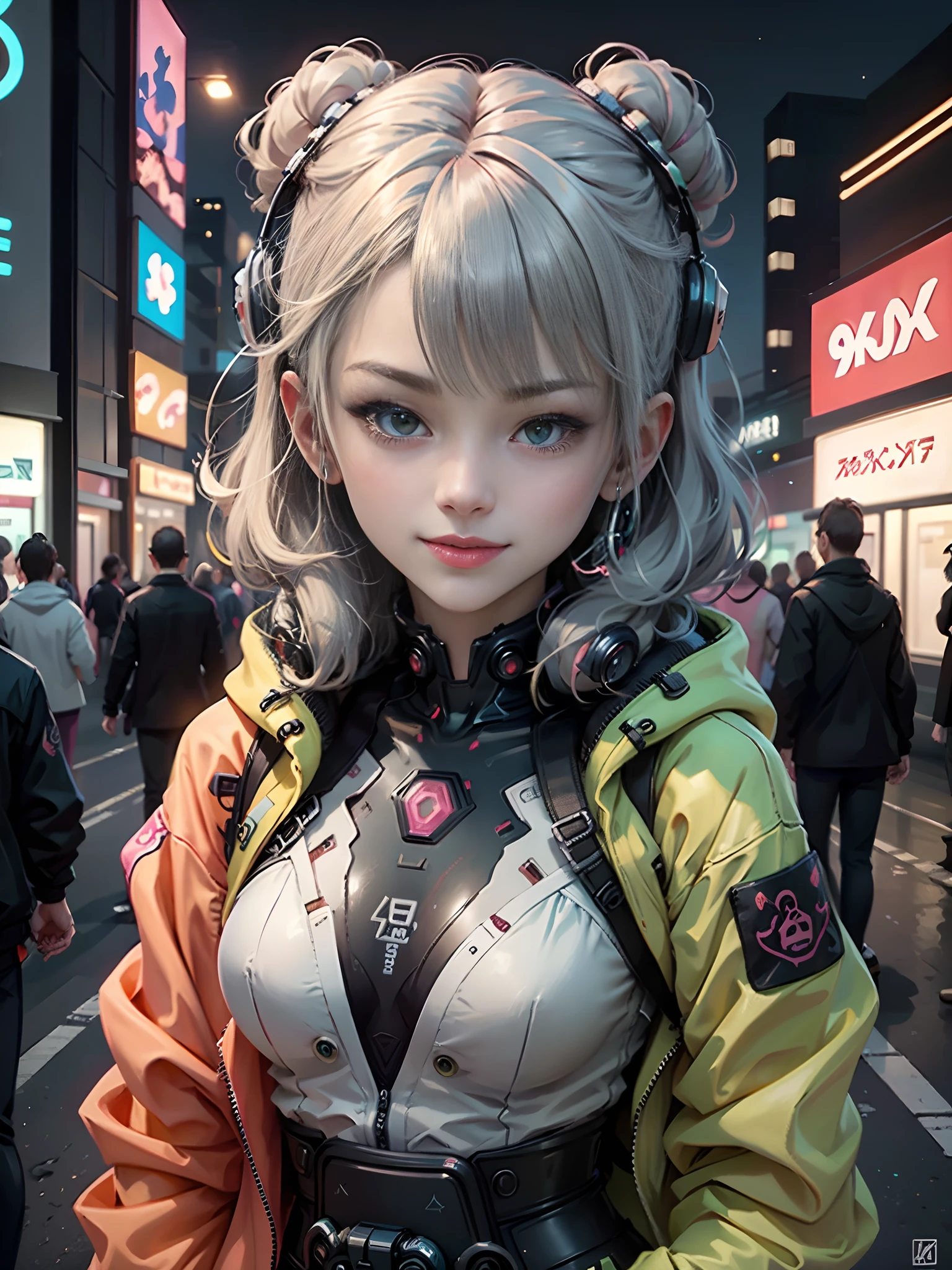 Anime masterpiece, best quality, 2 smiling aged cyberpunk girls ((wearing detailed Harajuku tech jackets)) standing together taking selfie portrait, (((Harajuku cyberpunk clothing)))), bold colors and patterns, eye-catching accessories, trendy and innovative hairstyle))), ((insane detail)), dazzling Cyberpunk cityscape, skyscrapers, glowing neon signs, (LED lights), anime illustration, detailed skin texture, detailed cloth texture, beautiful detailed face, intricate details, ultra detailed, cinematic lighting, strong contrast.
