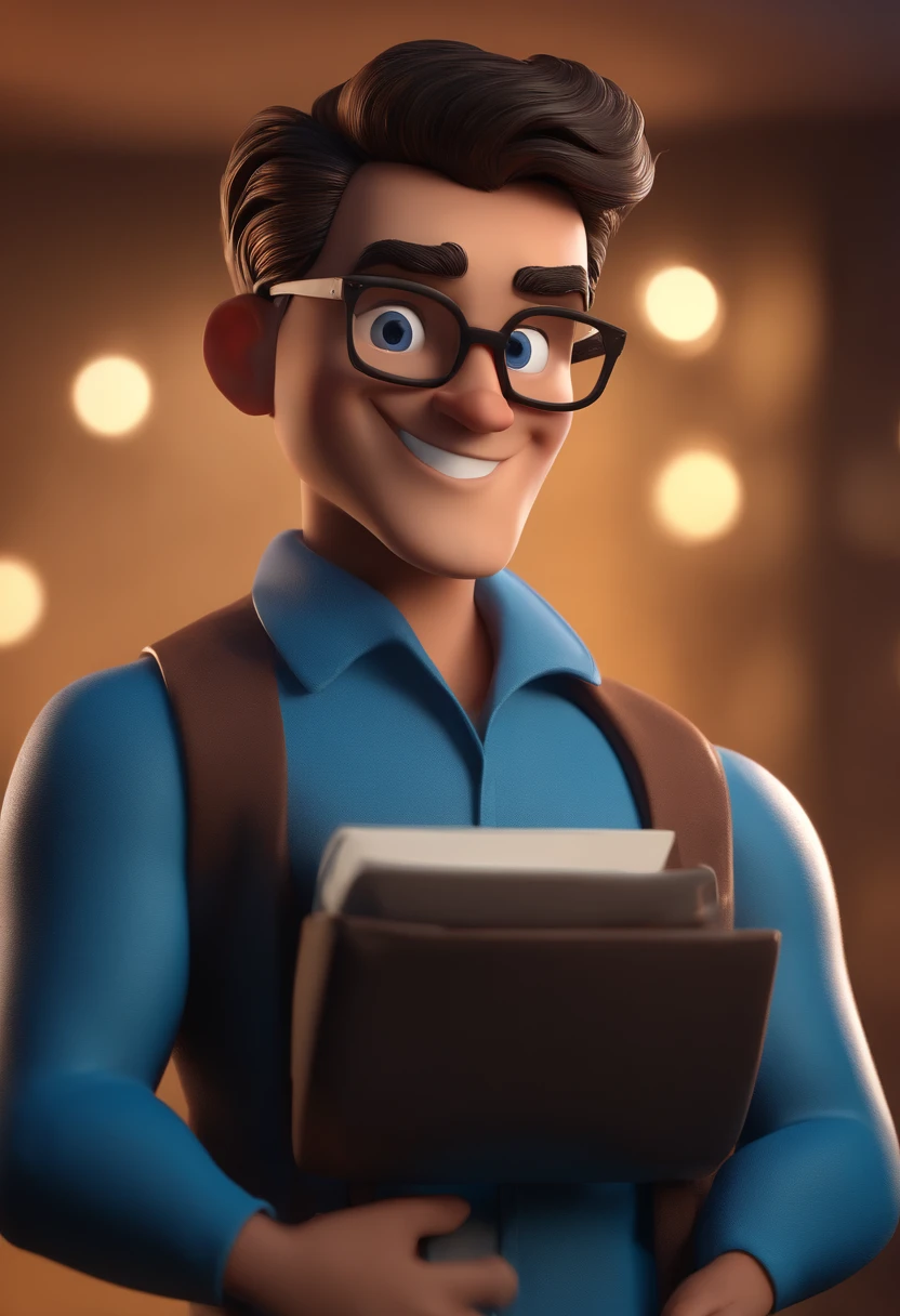 Cartoon character of a man with black glasses and a blue shirt, animation character, Caractere estilizado, animation style rendering, 3D estilizado, Arnold Maya render, 3 d render stylized, toon render keyshot, Personagem 3D, Personagem 3D, 3d rendering stylized, 3 d character render, personagem de desenho animado, Personagem de close up, Pose de personagem, (Estilo Pixar) (master part:1.2) (Bokeh) (best quality) (pele detalhada) (textura detalhada) (8k) (argila) (Cinematic lighting) (foco nítido