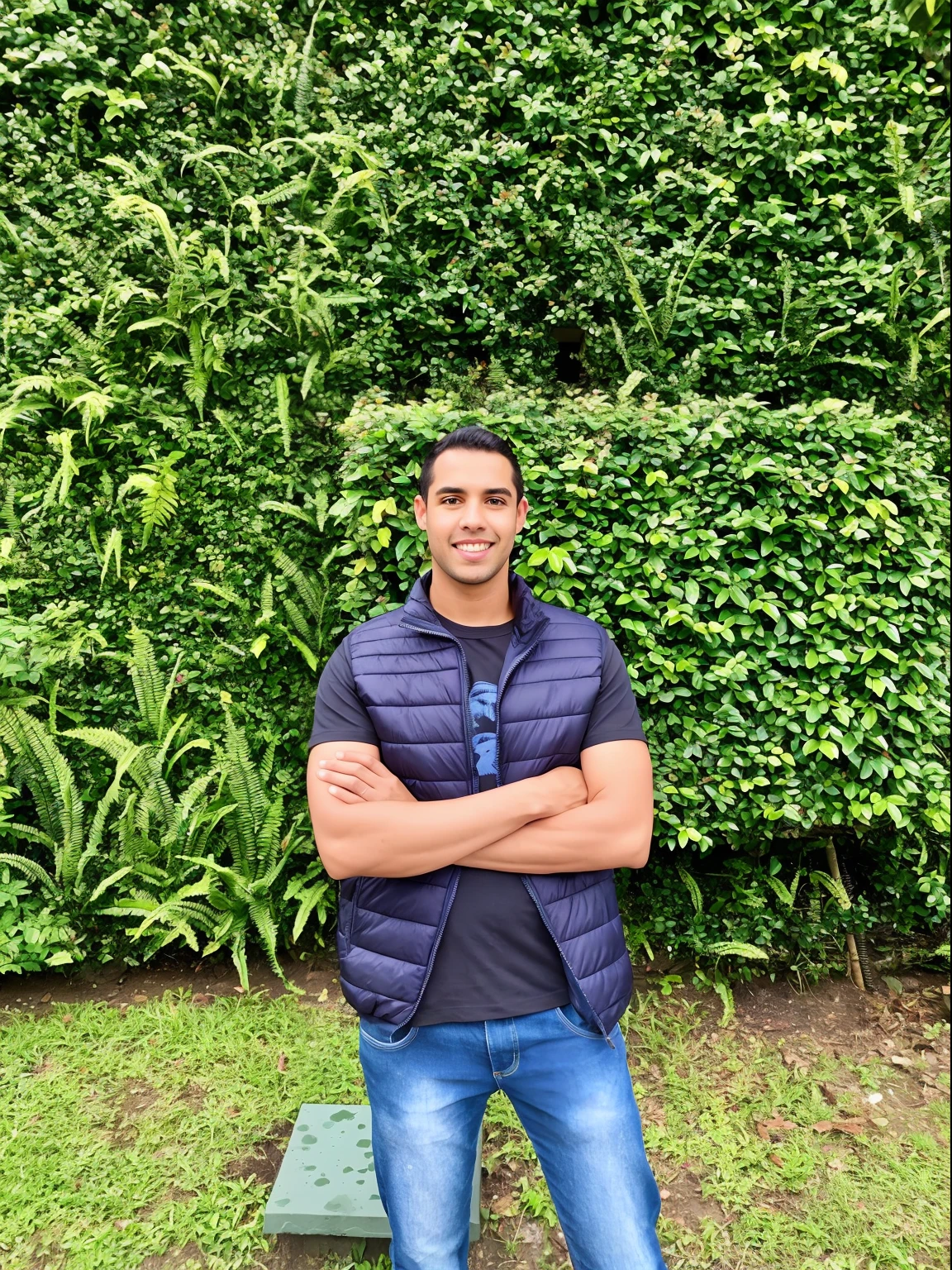 Arafed man standing in front of a hedge with arms crossed, em pleno crescimento, em frente a um fundo de floresta, caio santos, andres rios, arbustos ao fundo, Directed by: Samuel Silva, ele tem cerca de 2 5 anos de idade, standing in a botanical garden, coberto de plantas, trees in the background, full body photogenic shot, in front of the house