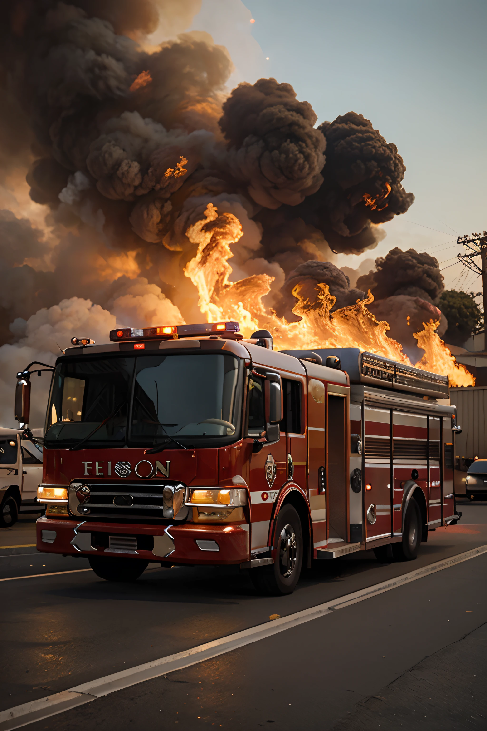 firefighter truck, fire engine, fire ladder truck, police car, ambulance, firefighter, fire, burning building, dramatic smoke, chaos, emergency services, intense action, cinematic lighting, moody atmosphere, vibrant colors, hyper-detailed, photorealistic, 8k, HDR, physically-based rendering, masterpiece