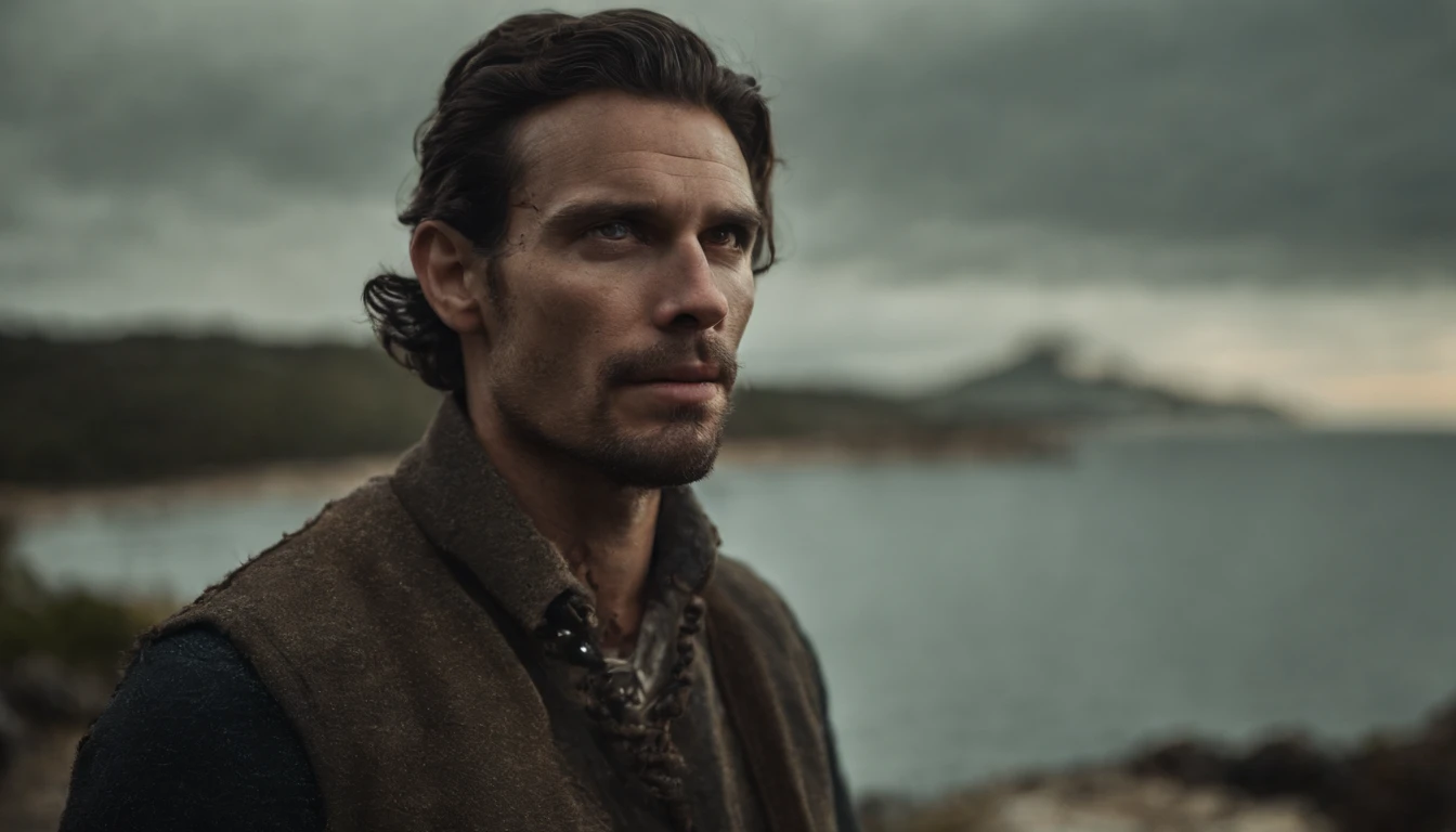 Zombie looking at the camera, Hollywood Islands in the background, beautiful man on top