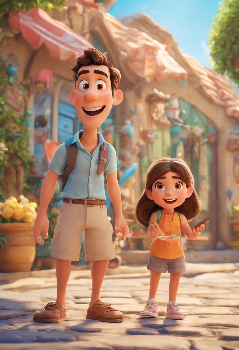 Cartoon of friends having fun on vacation together, 3D Animation Movie Poster, Poster de filme animado, pixar 3 d animation style, pixar renderman rendering, maia 8 mil, animated film, Disney Pixar Estilo 3D, amigos felizes saem juntos, all wearing light blue shirts and cream brown long pants, camisa azul clara, cream brown pants, ao ar livre, vacation, Disney Pixar Animation Poster