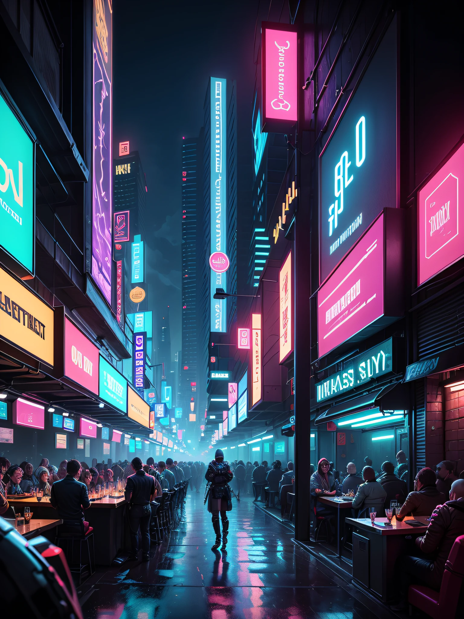 A highly distinctive Pixel Art style, nightclub, Cyberpunk, Blade Runner world, RPG game, nightclub, panoramic shot, intricately detailed, hyper-detailed, masterpiece, 4K, dynamic and neon lighting, colorful, created by Aase Berg, dystopian and melancholic atmosphere.